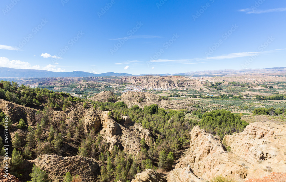 Overlook over rugged eroded valley near Guadix Spain