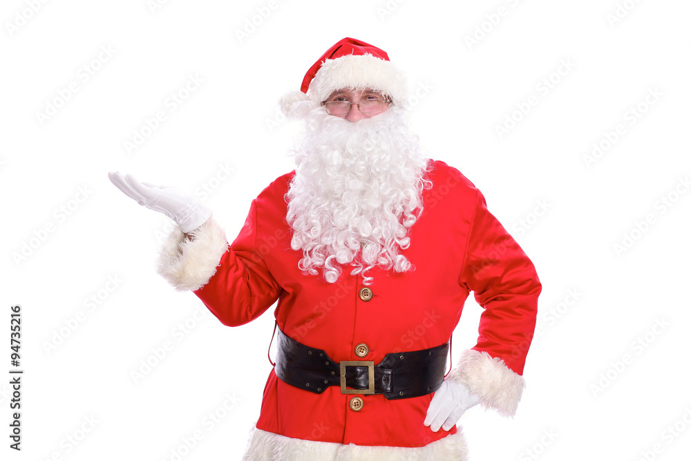 Kind Santa Claus pointing in white blank sign, isolated on white background Kind Santa Claus pointing in white blank sign, isolated on white background