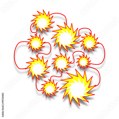 Multiple red and yellow explosion icons linked together 