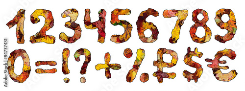 Set of isolated numbers and other marks with vibrant autumn texture