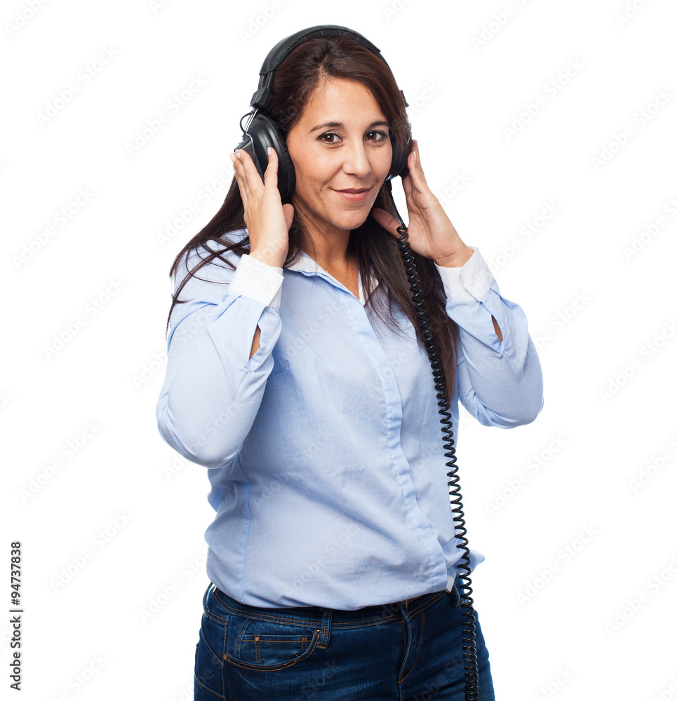cool business woman with headphones