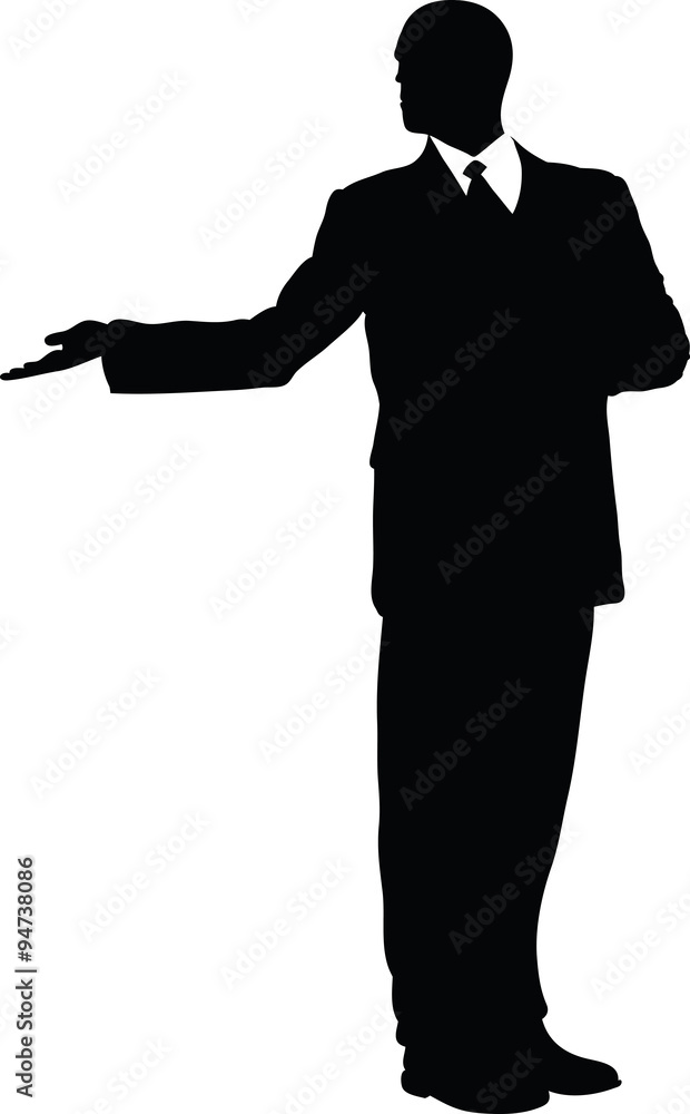 Silhouette illustrations of a businessman presenting with a hand gesture. Silhouette illustrations of a businessman presenting with a hand gesture.