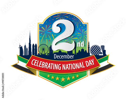 UAE 2nd December Logo with Skyline & Firework, An inscription in English "Celebrating National Day"