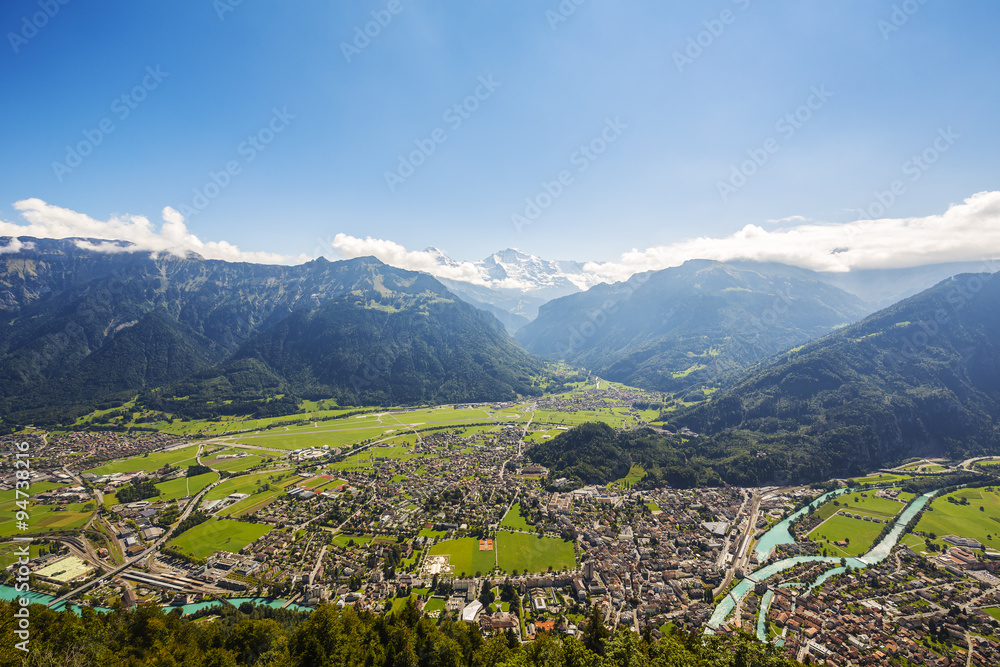 Aerial view towards Interlaken and the Alps