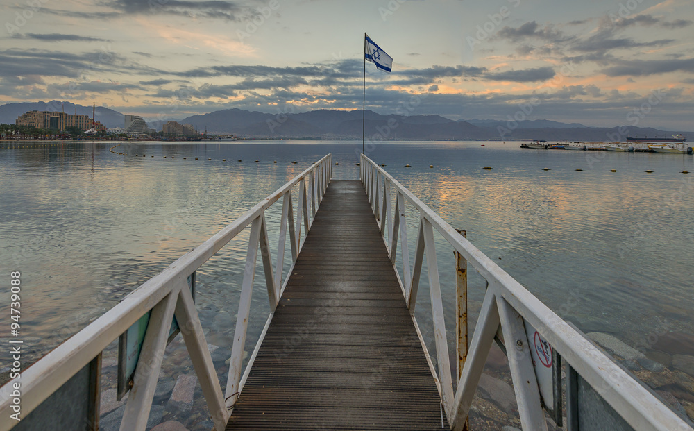 Morning view at the gulf of Aqaba from the central beach of Eilat - famous resort and recreational city in Israel