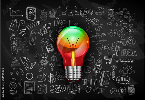 idea concept with light bulb and doodle sketches