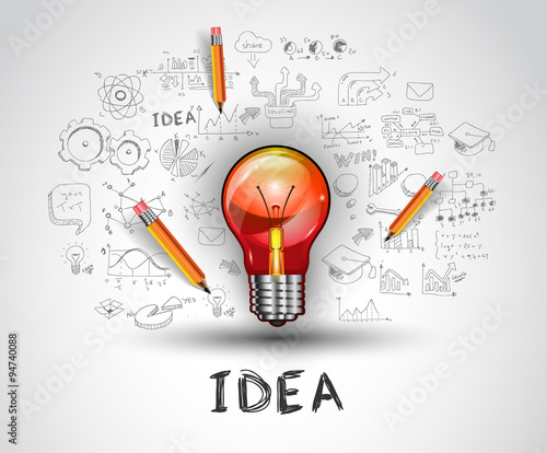 idea concept with light bulb and doodle sketches
