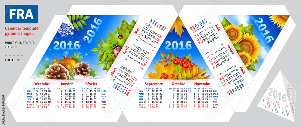Template french calendar 2016 by seasons pyramid shaped, vector background