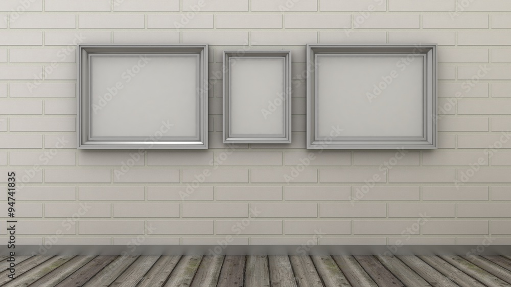 Empty picture frames in modern interior background on the white brick wall with rustic wooden floor. Copy space image. Empty picture frames in modern interior background on the white brick wall with rustic wooden floor. Copy space image.