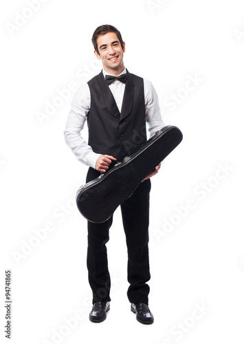 waiter holding a violin on white