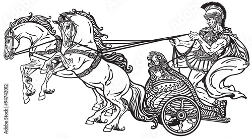 roman war chariot black and white photo