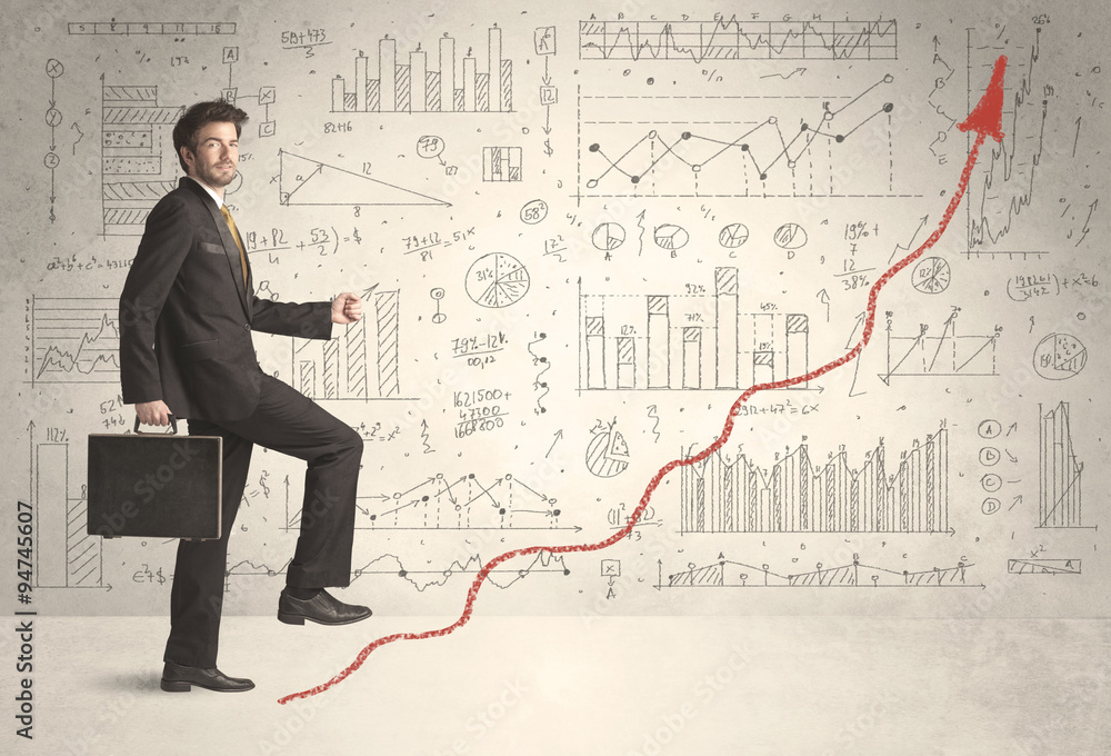 Business man climbing on red graph arrow concept Business man climbing on red graph arrow concept