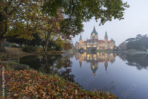 New City Hall of Hannover, Germany at foggy autumn morning