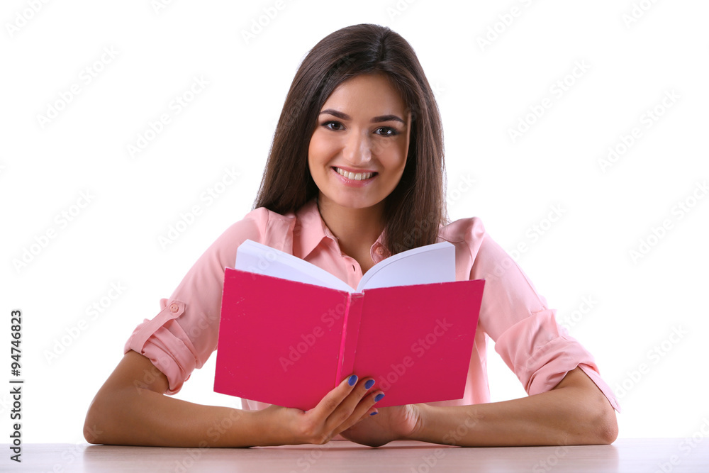 Young girl reading book isolated on white Young girl reading book isolated on white
