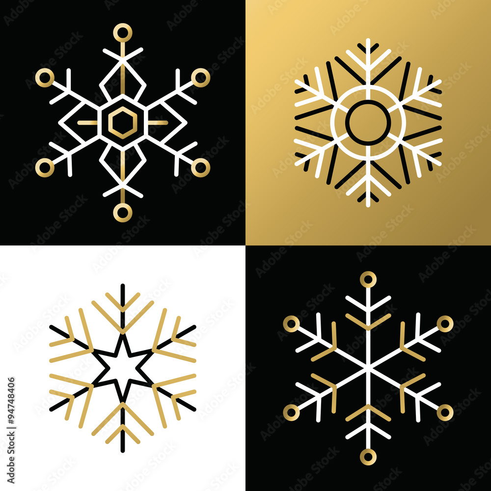 Gold outline line snowflake set icon christmas