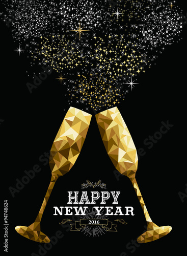 Happy new year 2016 toast glass low polygon gold