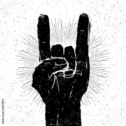 Grunge "rock on" gesture illustration. Template for your slogan,