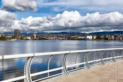Oakland, California. Downtown Lake Merritt viewed from the new pedestrian bridge at the south end.