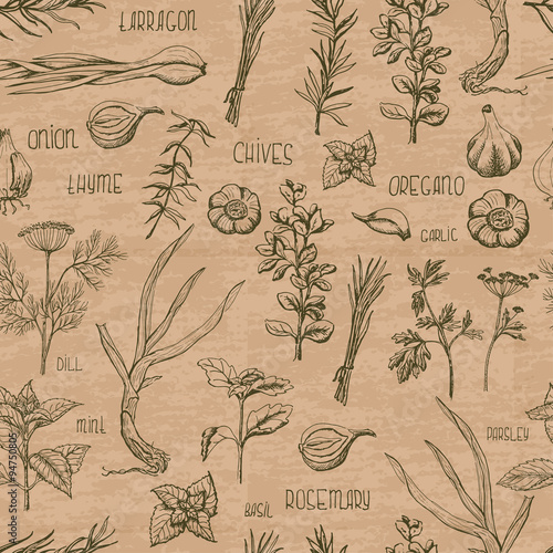 Seamless pattern with herbs and spices on a beige background
