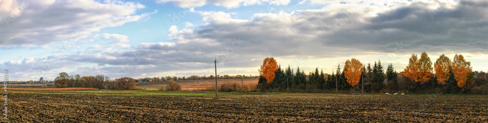 Panorama of typical Ukrainian rural landscape in sunset, Ukraine.