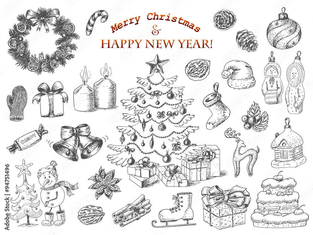 Big set of Christmas decorations in sketch style. Christmas tree, gifts, wreath, snowman, Christmas toys, balls and more