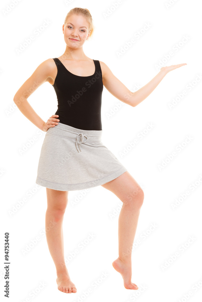 Fototapeta premium sporty girl showing blank copy space on hand