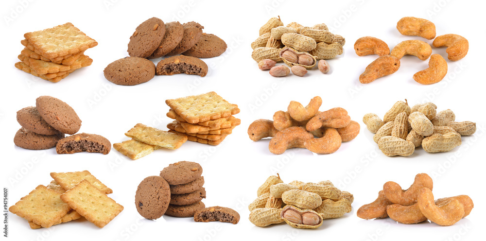 salted cashew nut ,peanut cookie and Cracker on white backgroun salted cashew nut ,peanut cookie and Cracker on white backgroun