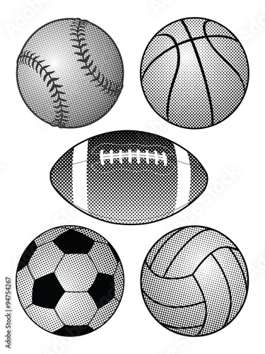 Halftone Sports Balls is an illustration of a baseball, basketball, football, soccer ball and volleyball in a black and white halftone style.