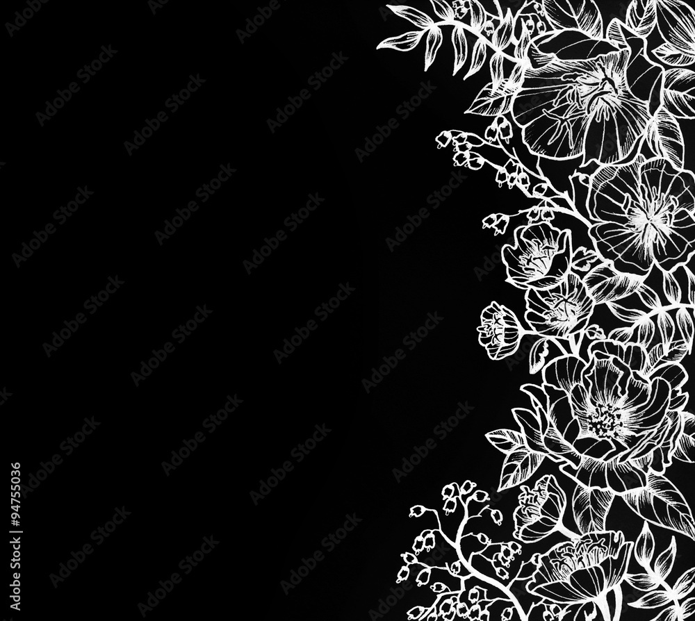 hand drawn flower design in white ink, elegant fancy floral doodle pattern  of moss roses, primrose