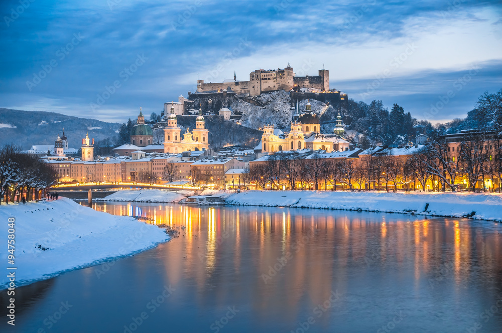 Historic city of Salzburg in winter at dusk, Austria