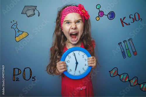 teen girl chemistry teenage student shouts the clock keeps emoti photo