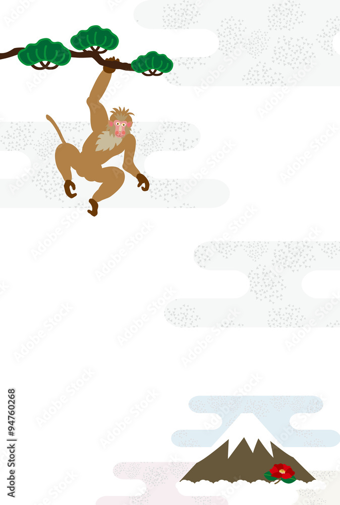 松の木にぶら下がるサルと富士山のイラスト縦型年賀状デザイン Ilustracion De Stock Adobe Stock