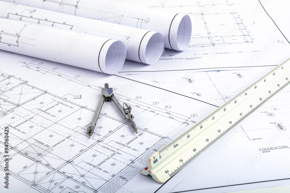 Compasses and Architect scale ruler on plan drawing Compasses and Architect scale ruler on plan drawing