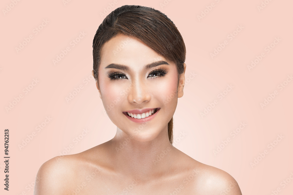 Beauty portrait of young smiling woman with beautiful healthy face, studio shot of attractive girl over pink background with clipping path. Beauty portrait of young smiling woman with beautiful healthy face, studio shot of attractive girl over pink background with clipping path.