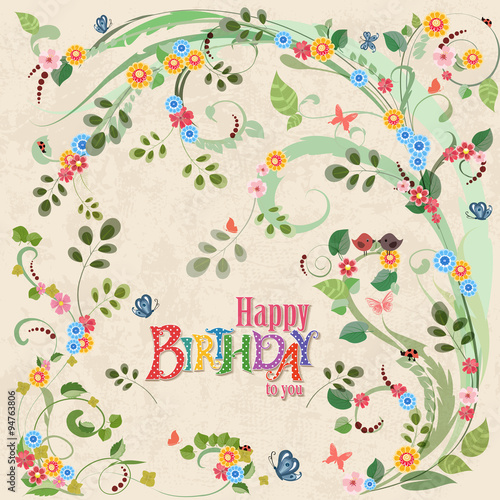 Cute invitation card with birds on floral branch. Happy birthday