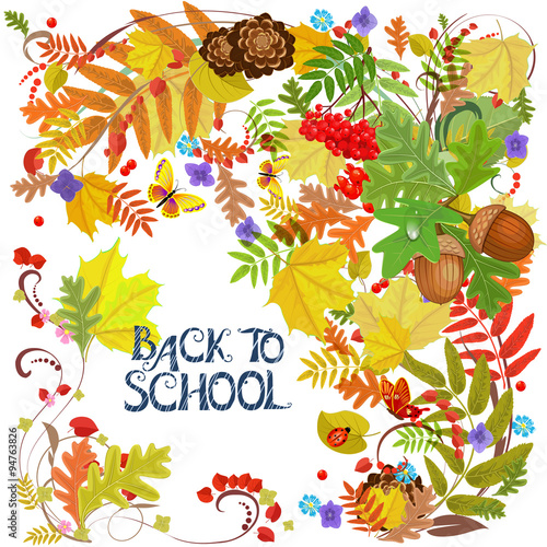 Lovely invitation card with autumn nature and leafs. Back to sch