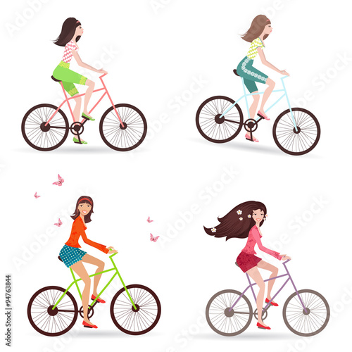 Beautiful girls are riding on bicycles