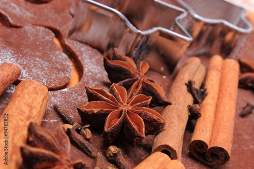 Fototapeta Naklejka Na Ścianę i Meble -  Spice and accessories for baking on dough for Christmas cookies and gingerbread