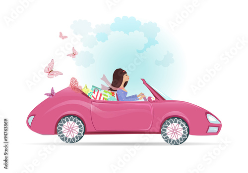 Car woman in pink convertible with shopping bags