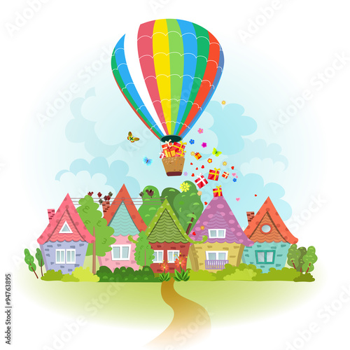 hot air balloon over the city with gifts