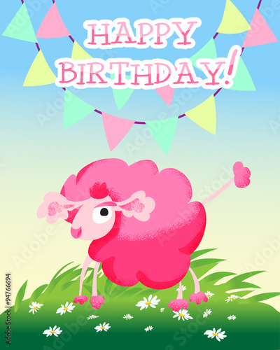 Happy birthday card with sunny meadow and pink poodle