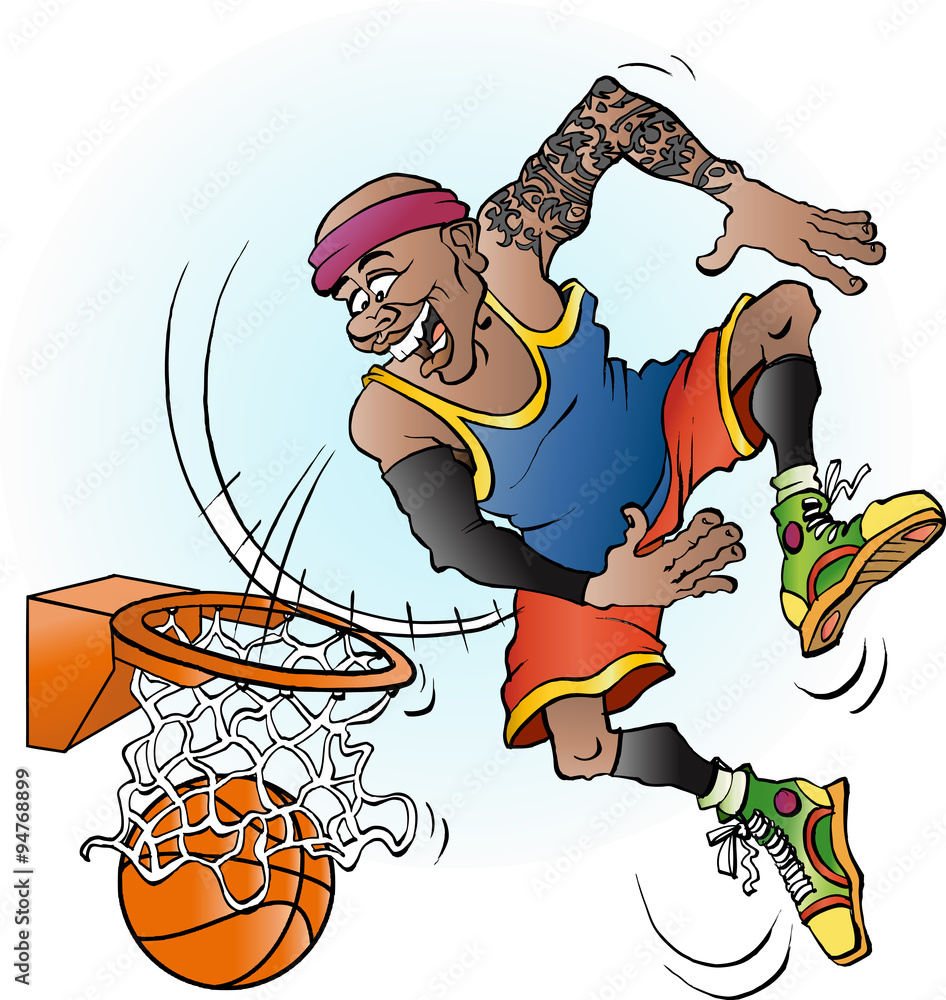 Vector cartoon illustration of a basketball player dunking Stock Vector