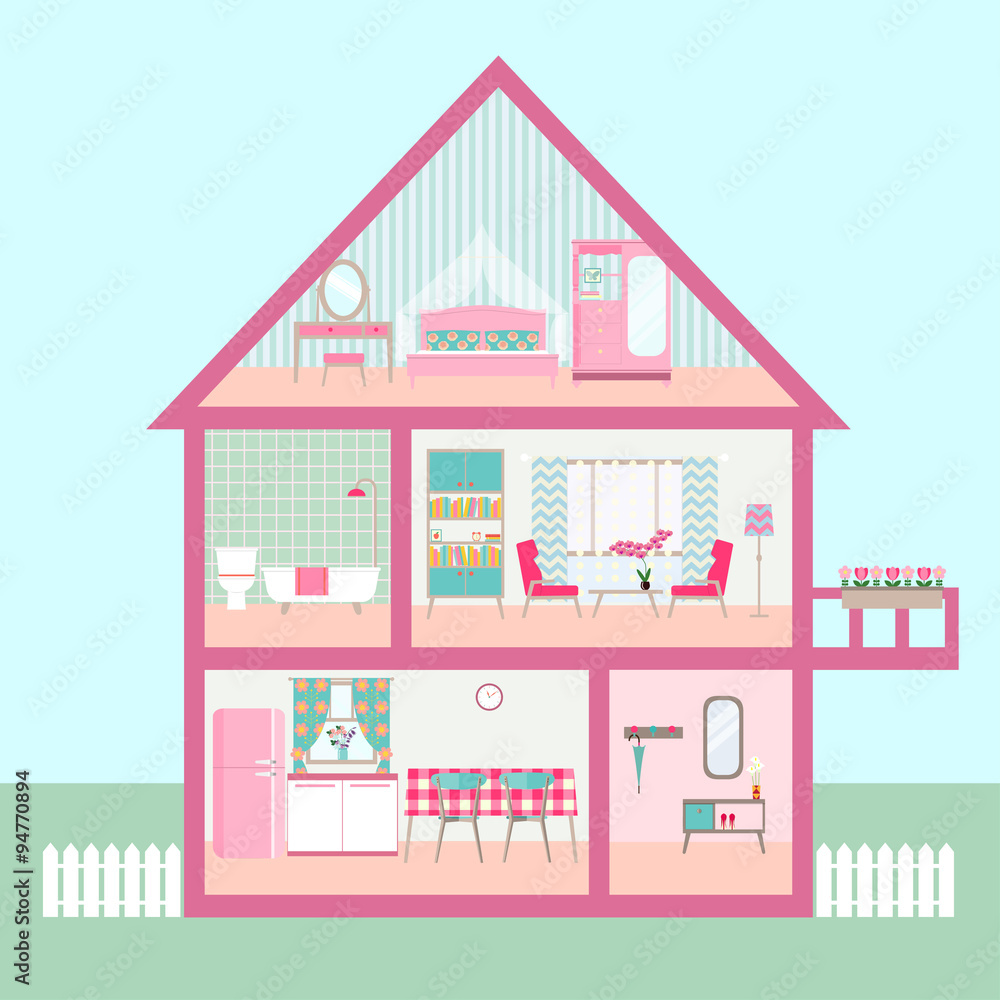 flat rose Dollhouse section with interior living room, functional attic, balcony. vector illustration