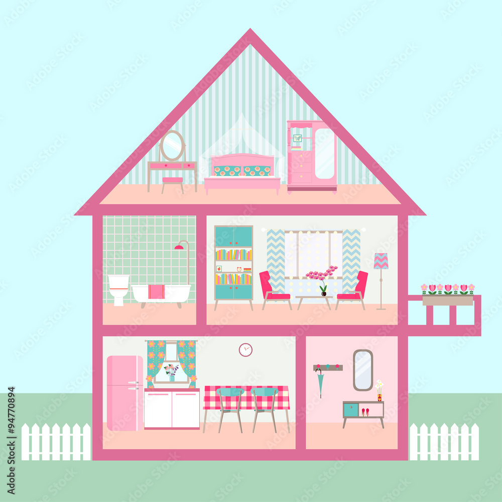 Fototapeta premium flat rose Dollhouse section with interior living room, functional attic, balcony. vector illustration
