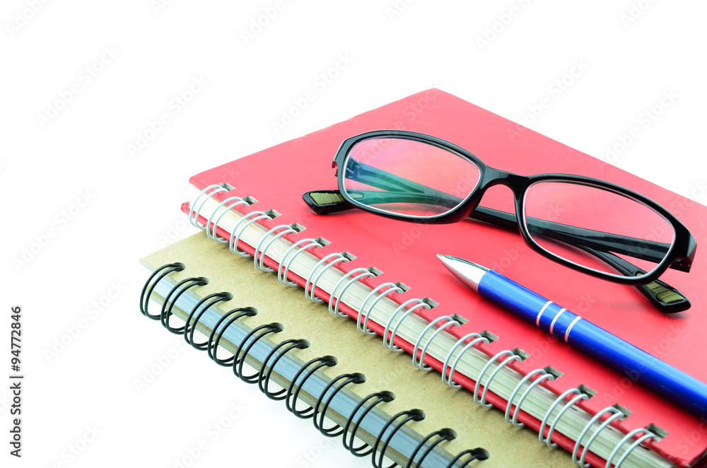 Blank diary, pen, and glasses on white background Blank diary, pen, and glasses on white background