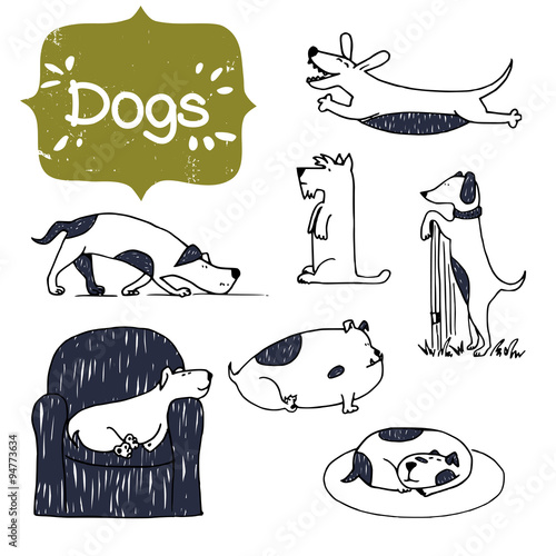 Set of funny cartoon hand drawn dogs