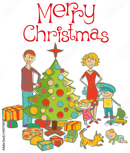 happy family dressing up the christmas tree