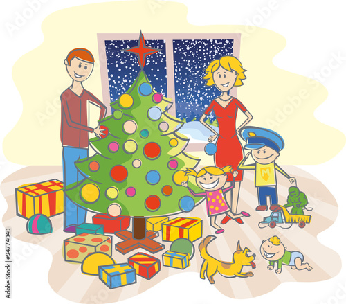happy family dressing up the christmas tree
