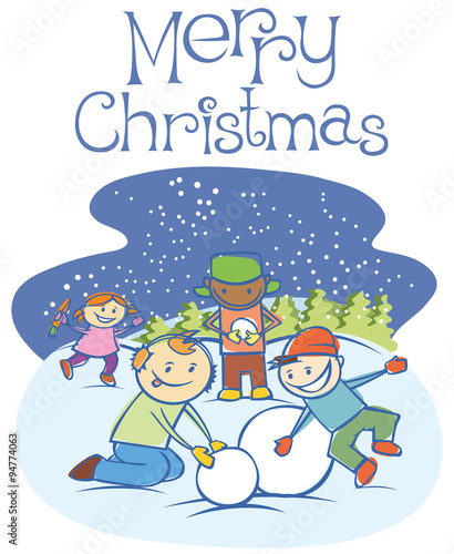 kids making a snow man on Xmas
