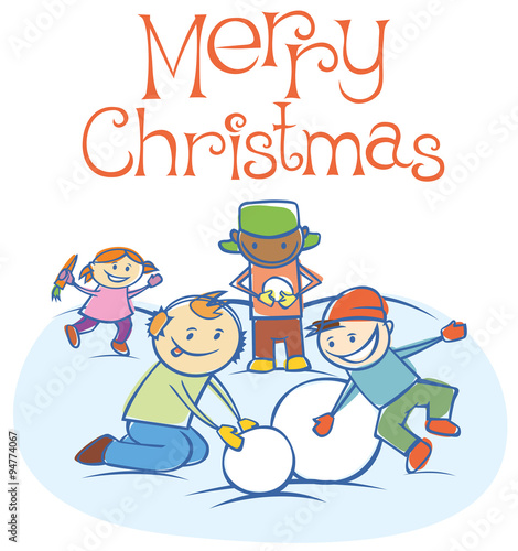 kids making a snow man on Xmas
